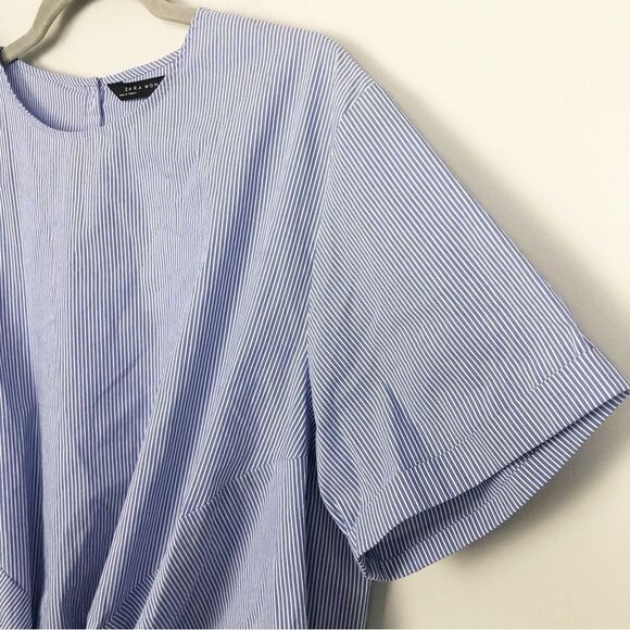 ZARA | NEW Blue & White Striped Poplin Tie Front Button Back Top Women’s Size XL - Picture 6 of 10